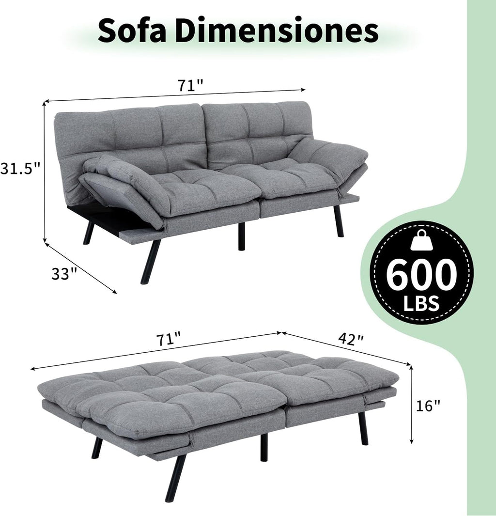 MUUEGM 71' Convertible Futon Sofa Bed, Upholstered Small Futon Couches with Adjustable Backrest, Loveseat Sleeper Bed for Compact Living Room Studio Office (Silver Grey)