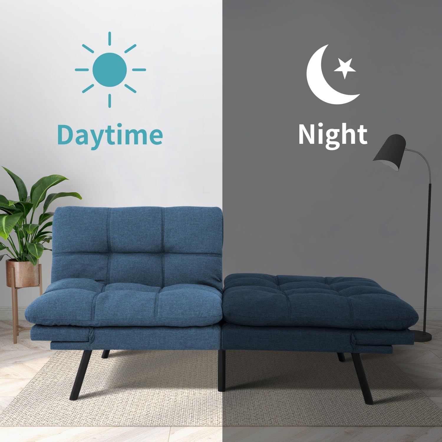 MUUEGM Futon Sofa Bed, 71' Comfortable Memory Foam Futon Sofa with Adjustable Backrest & Armrests,Convertible Folding Loveseat Recliner Sleeper Sofa Bed for Compact Living Room, Apartment, Office,Blue