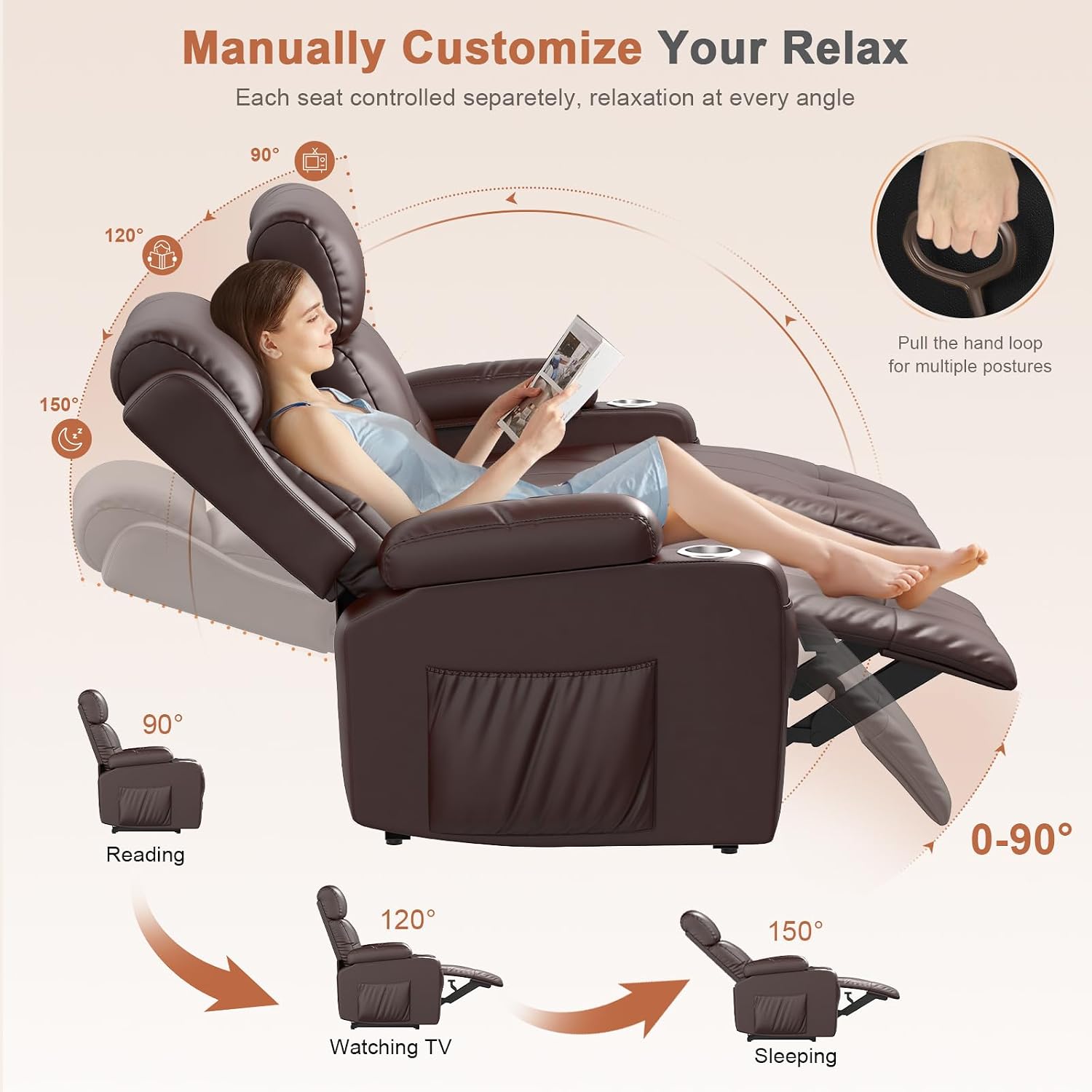 RV Loveseat Recliner Sofa, 3 Seater Massage Wall Hugger Reclining Couch with Insert Pockets, Cup Holders, 150° Recline Sleeper Sofas, for RV Furniture & Home Theater Seating