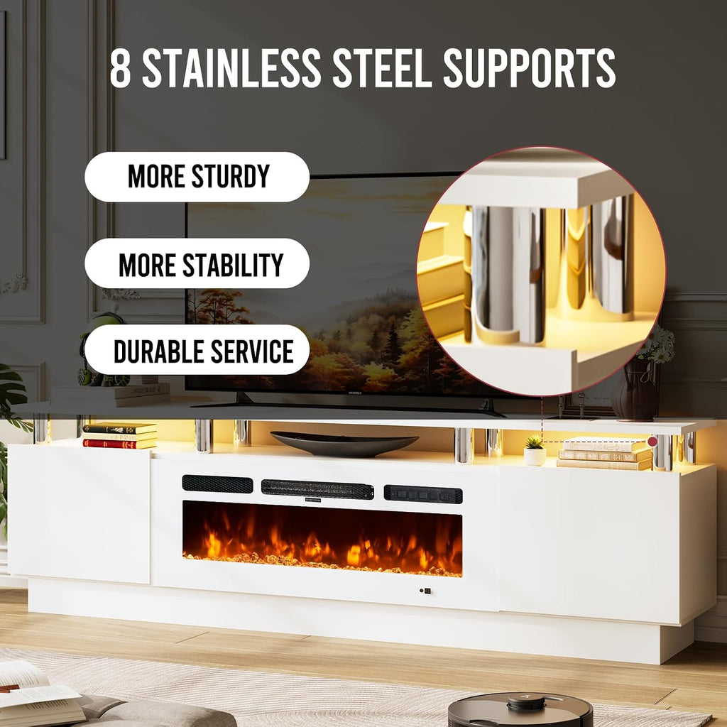 70' TV Stand for Living Room, Entertainment Center & Media Console with Storage, Fits TVs up to 80', Modern TV Cabinet with Shelves, 36' Electric Fireplace (All White)