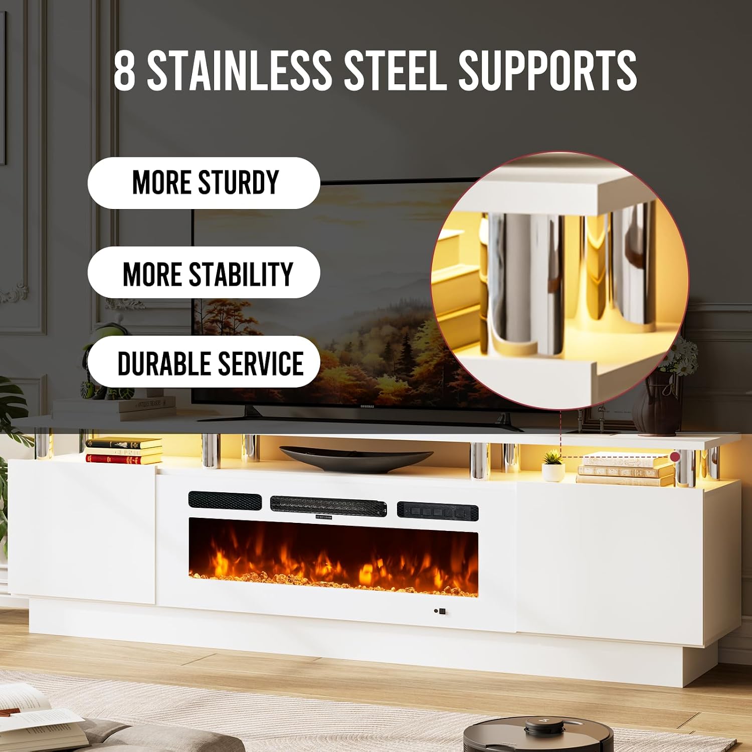 70' TV Stand for Living Room, Entertainment Center & Media Console with Storage, Fits TVs up to 80', Modern TV Cabinet with Shelves, 36' Electric Fireplace (All White)
