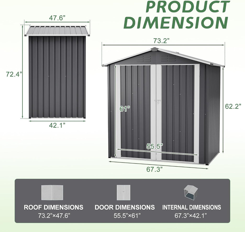YOPTO 6 x 4 FT Outdoor Storage Shed with Floor Base & Lockable Hinge Door,Metal Garden Shed W/Sloped Roof,for Backyard Patio Lawn,Gray