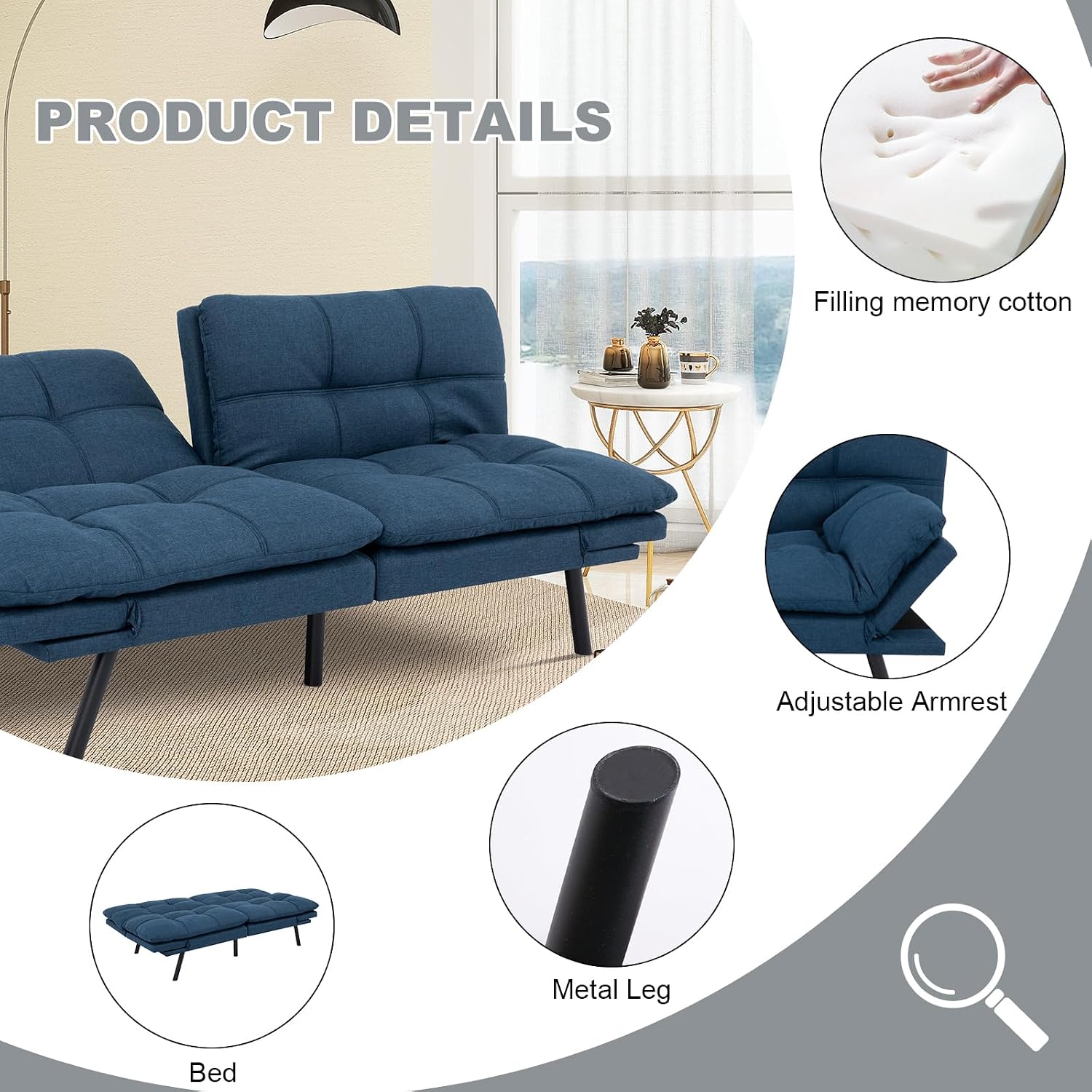 MUUEGM Futon Sofa Bed Convertible Couch,Memory Foam Futon Sofa Couch,Sleeper Futons Sofa Couches,Small Splitback Modern Loveseat Sofa Bed for Living Room,Office,Apartment,Linen Fabric,Blue.