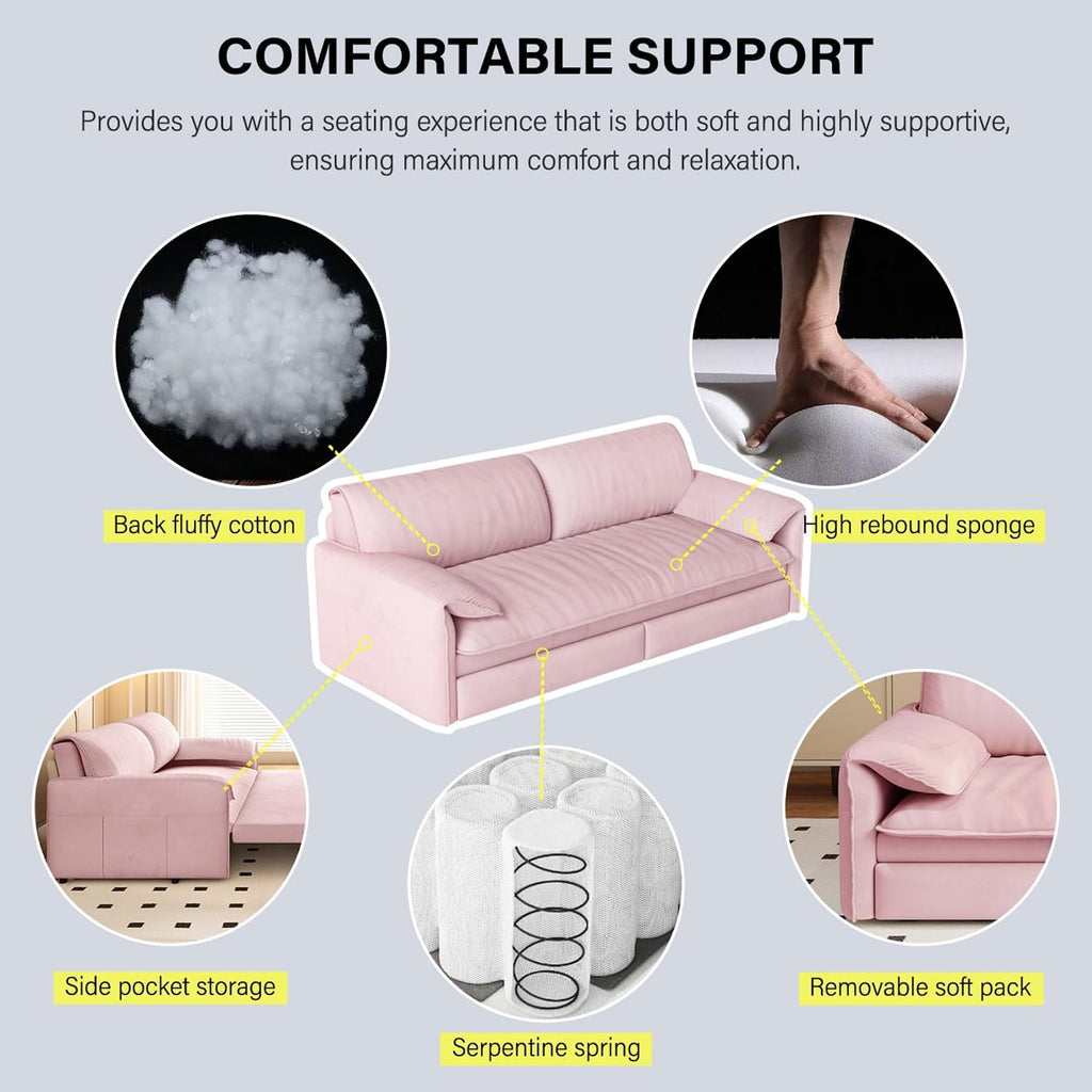 3 in 1 Convertible Queen Sleeper Sofa Bed Comfy Pull Out Futon Couch Bed 66' Modern Velvet Recliner Loveseat Sofa Multi-Functional Pink Cloud Couch for Living Room,Apartment,Office (Pink 66')