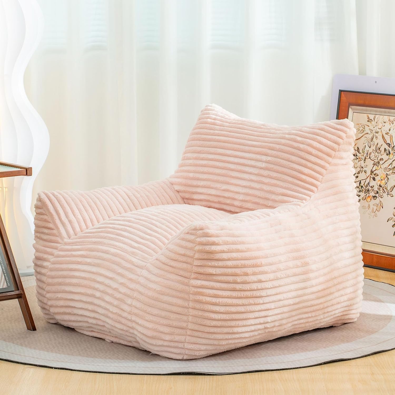Bean Bag Chair for Adults, Comfy Corduroy Beanbag with Armrests, Lazy Sofa Floor Chair for Living Room, Bedroom, Dorm & Lounge, Cozy Fluffy Single Mini Couch (Pink)