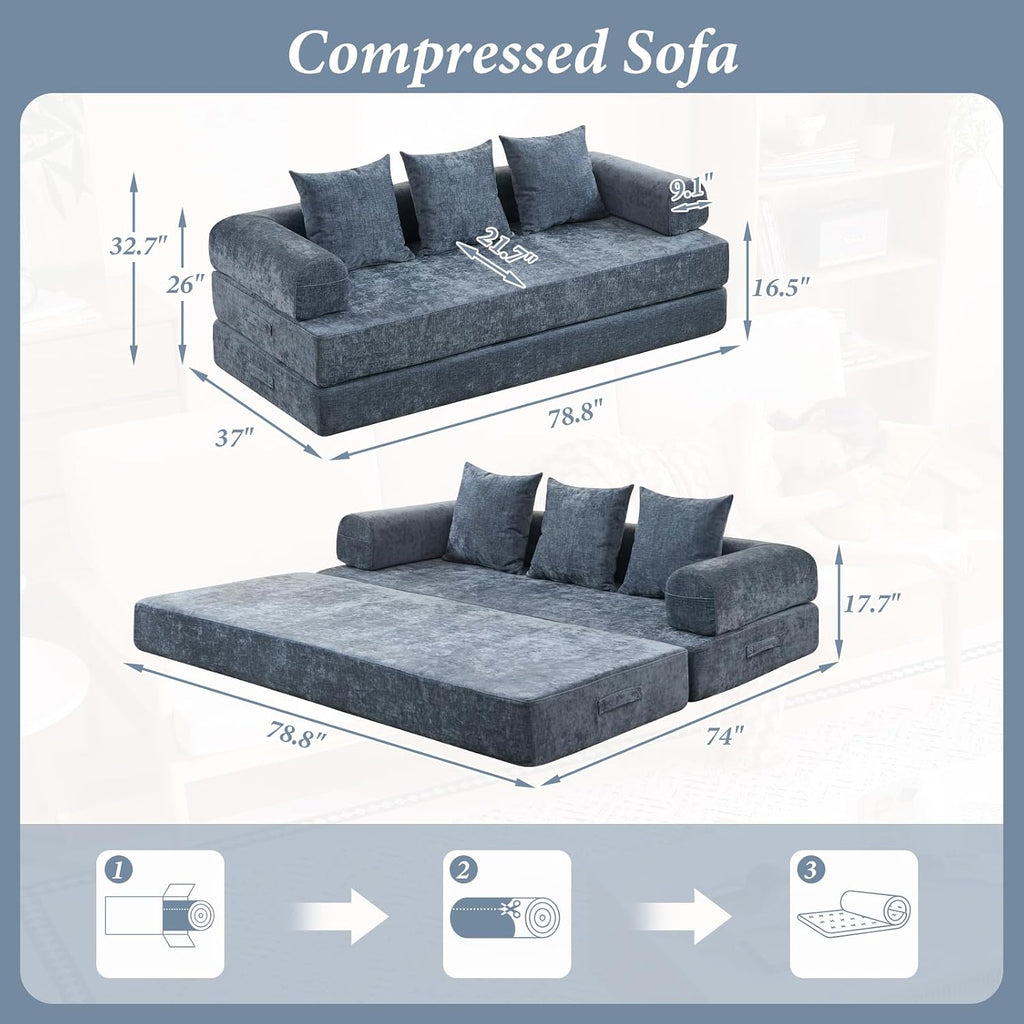 Futon Sofa Bed, Modular Convertible Folding 3 Seater Chenille Foam Floor Loveseat Sleeper Sofa Couch with 3 Pillows, No Assembly Compressed Boneless Couch, for Living Room Bedroom Guest Room, Blue