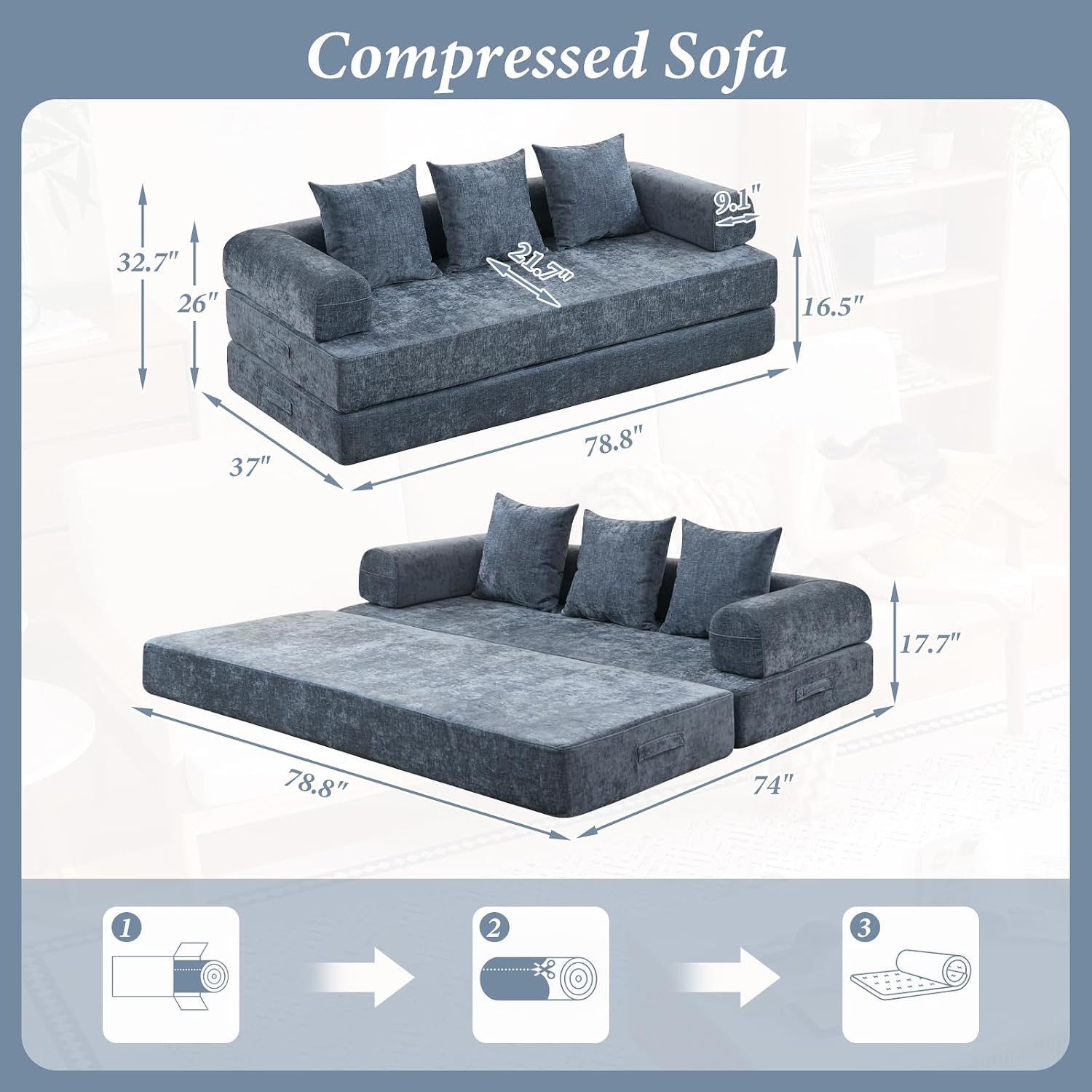 Futon Sofa Bed, Modular Convertible Folding 3 Seater Chenille Foam Floor Loveseat Sleeper Sofa Couch with 3 Pillows, No Assembly Compressed Boneless Couch, for Living Room Bedroom Guest Room, Blue