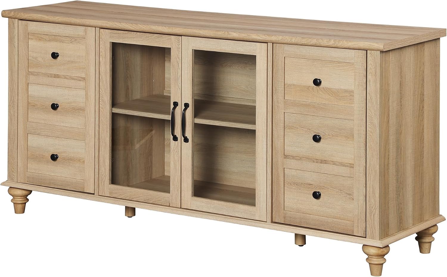 WAMPAT Farmhouse TV Stand for TVs Up to 65 inch, Wood TV Console Table with Storage Cabinets & Glass Door, Entertainment Center for 32-75 inch TV Console Cabinet, 58', Oak