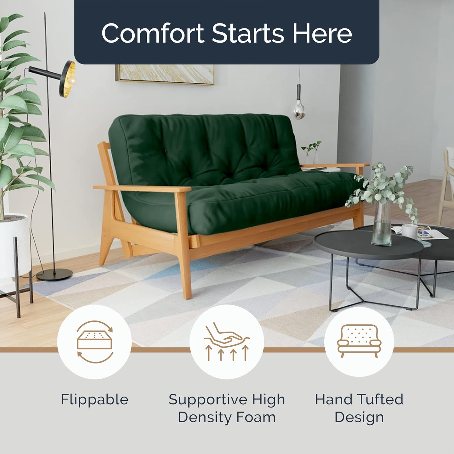 Loosh Home | 12' Full Size Futon Sofa Bed Foam Mattress - USA Made, Dark Green, No Frame