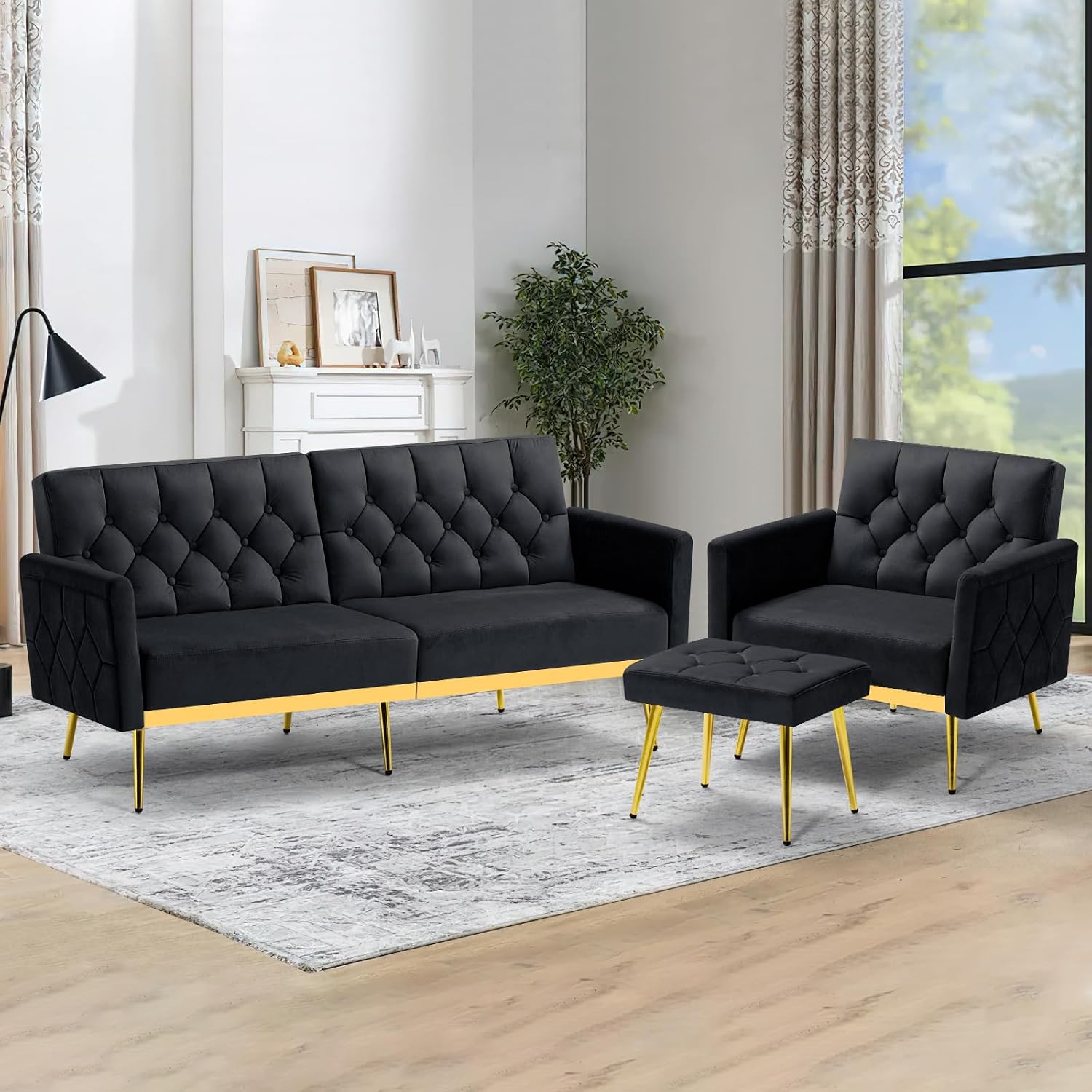 2 Pieces Velvet Sofa Set w/Adjustable Armrests and Backrests, Tufted Accent Chair w/Ottoman, Convertible Futon Sofa Bed for Bedroom, Living Room, Apartment, Black