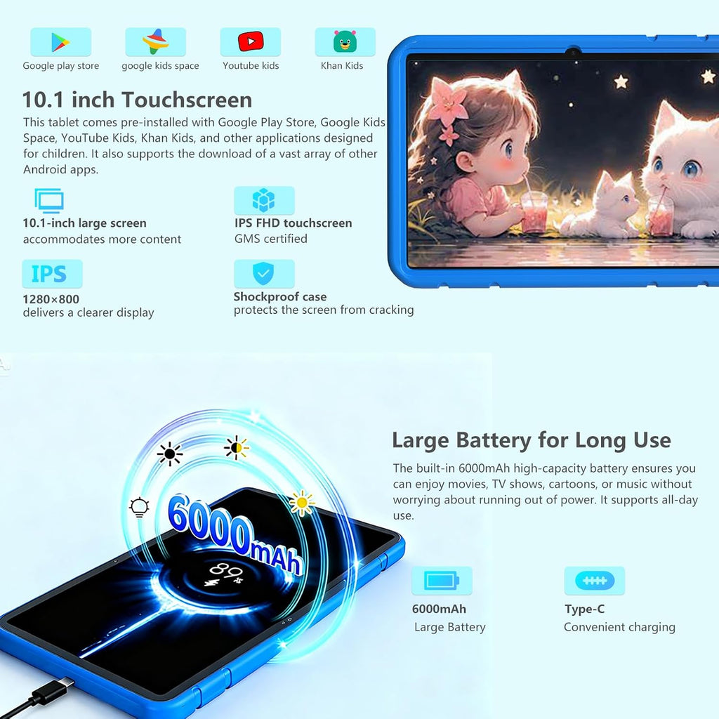 NRKDUBQ 2025 Latest 10.1 inch Kids Tablet Android 15 Tablets for Kids with EVA Protective Case 20GB RAM 128GB Storage Toddler Tablet, Parental Controls, 12-hr Battery, WiFi, GPS, Blue