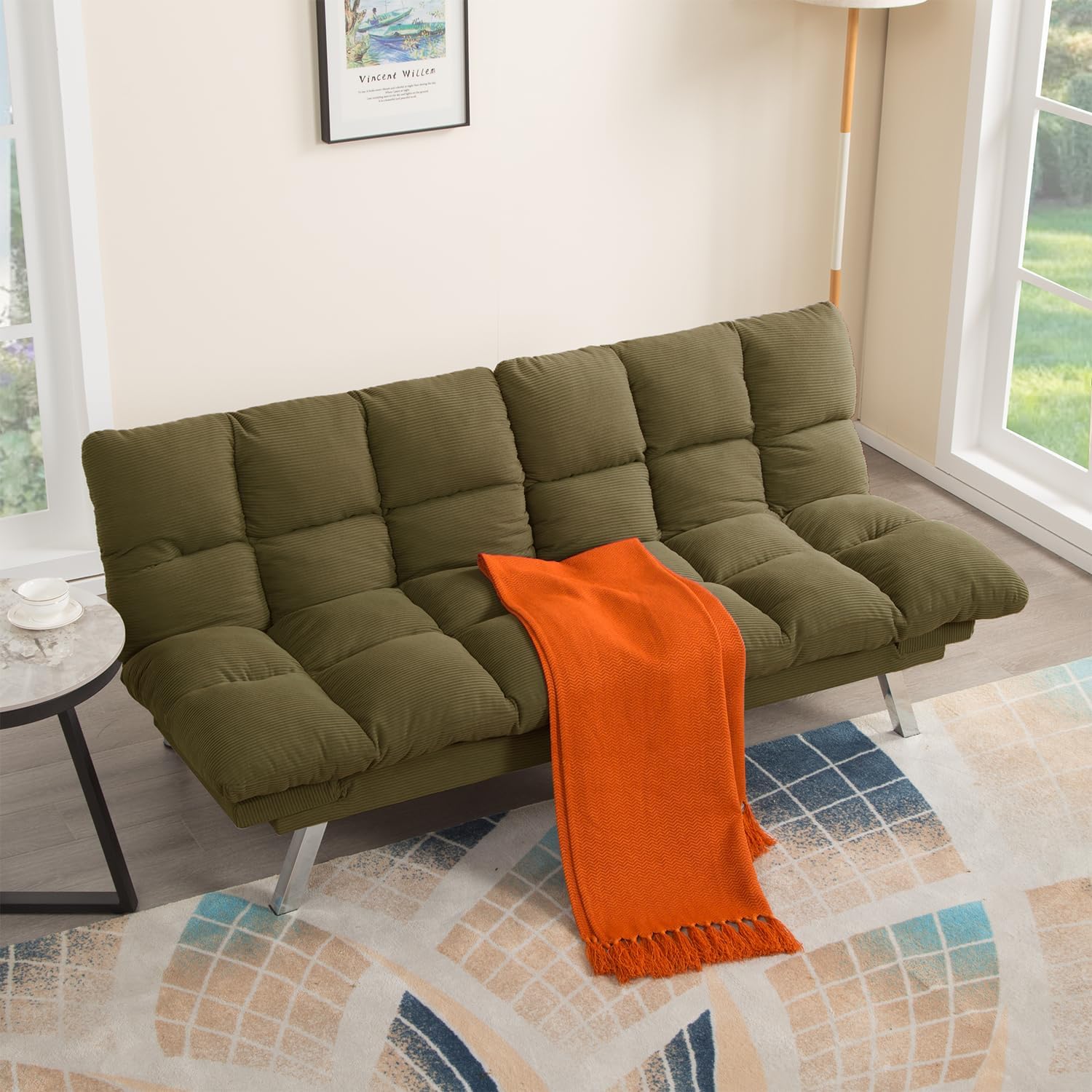 Modern Green Corduroy Convertible Folding Futon Couch Sofa Bed Adjustable Pillow Top Arm Memory Foam Couch Double Loveseat Sofa for Compact Living Space, Game Studio, Apartment, Bedroom (67.3' Green)