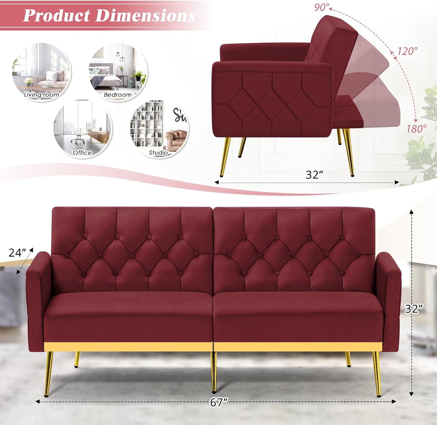 2 Pieces Velvet Sofa Set w/Adjustable Armrests and Backrests, Tufted Accent Chair w/Ottoman, Convertible Futon Sofa Bed for Bedroom, Living Room, Apartment, Red
