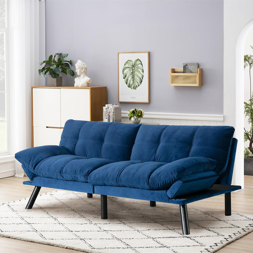 SoarFlash 67 Inch Futon Double Sofa Bed, 2 in 1 Velvet Loveseat Sofa with Adjustable Backrest for Living Room Bedroom Office Apartment Compact Couch(Blue)