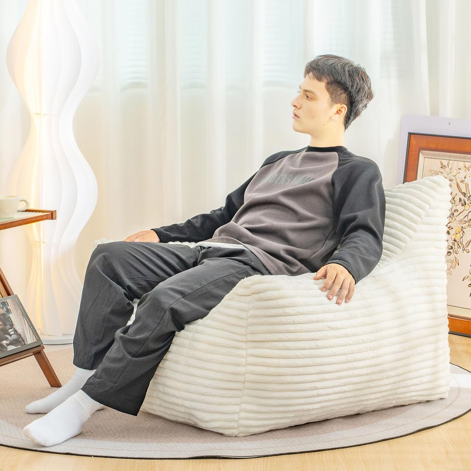 Bean Bag Chair for Adults, Comfy Corduroy Beanbag with Armrests, Lazy Sofa Floor Chair for Living Room, Bedroom, Dorm & Lounge, Cozy Fluffy Single Mini Couch (White)