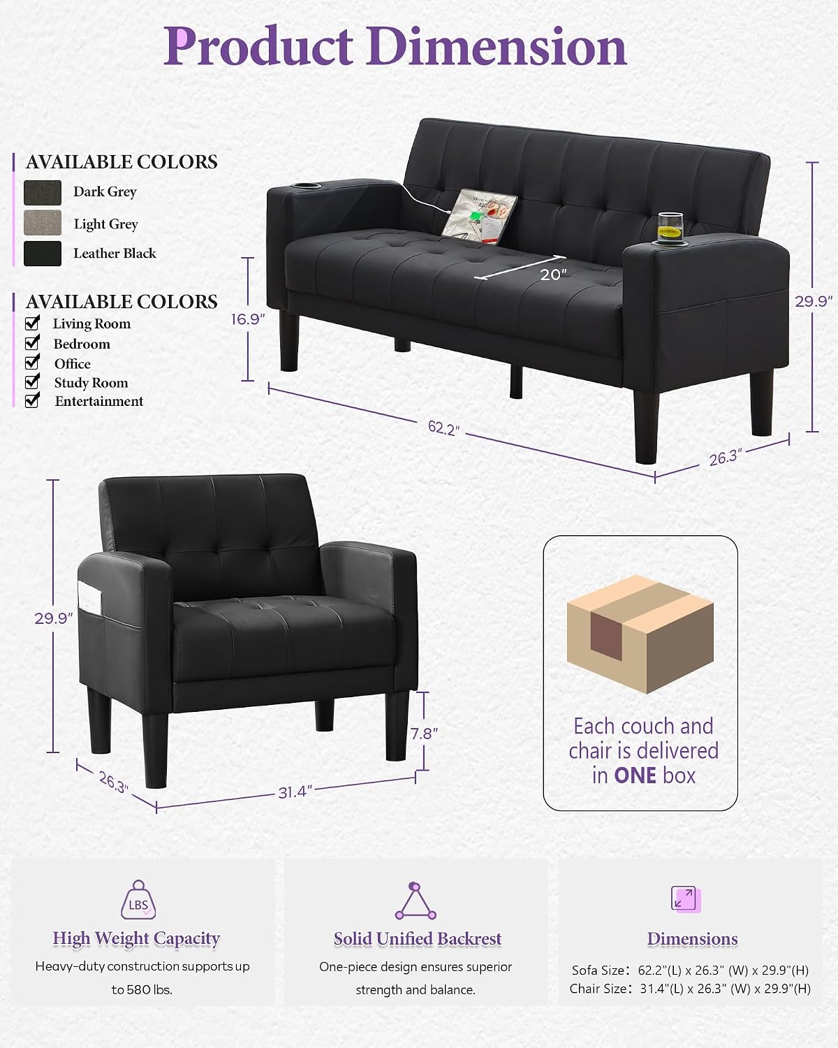 TYBOATLE Sofa Couch 62' W Loveseat w/ 2 USB Charger Ports & 2 Cupholders, Mid-Century Modern Black LeatherTufted Small Love Seat Couches for Office,Compact Living Room,Bedroom,Apartment,Dorm (2)