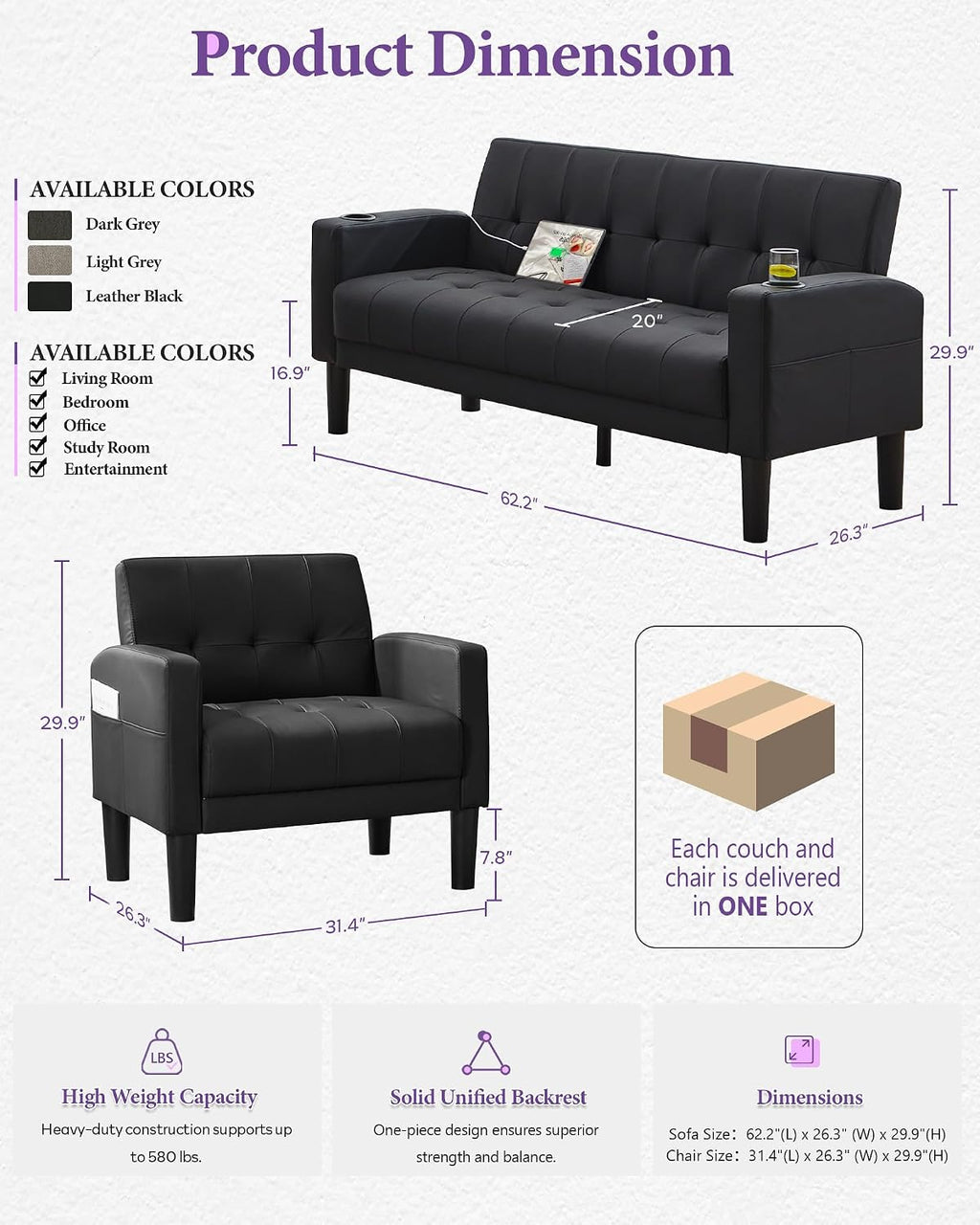 TYBOATLE Sofa Couch 62' W Loveseat w/ 2 USB Charger Ports & 2 Cupholders, Mid-Century Modern Tufted Small Love Seat Couches for Office, Living Room,Bedroom,Apartment,Dorm (3, Black)