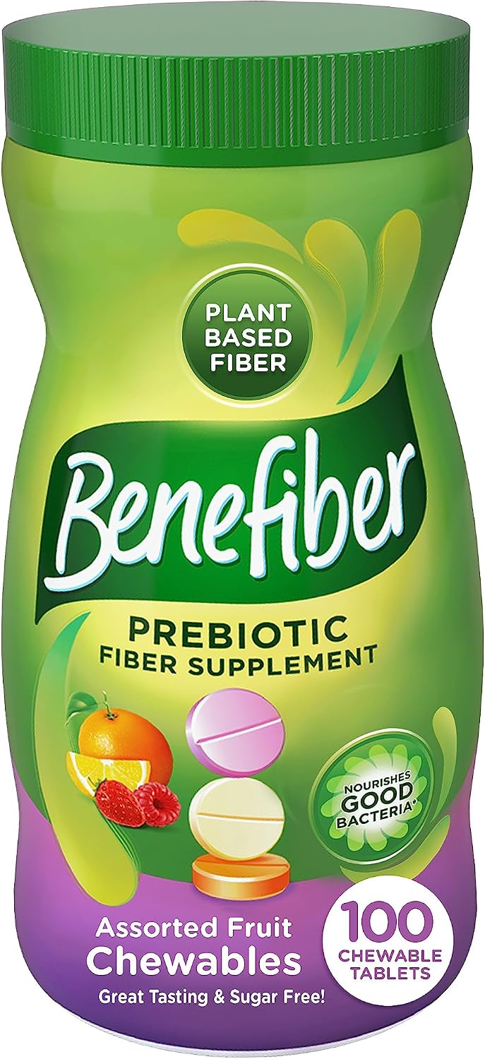 Benefiber Chewable Prebiotic GLP-1 Friendly Fiber Supplement Tablets for Digestive Health, Assorted Fruit Flavors - 100 Count (Pack of 12)