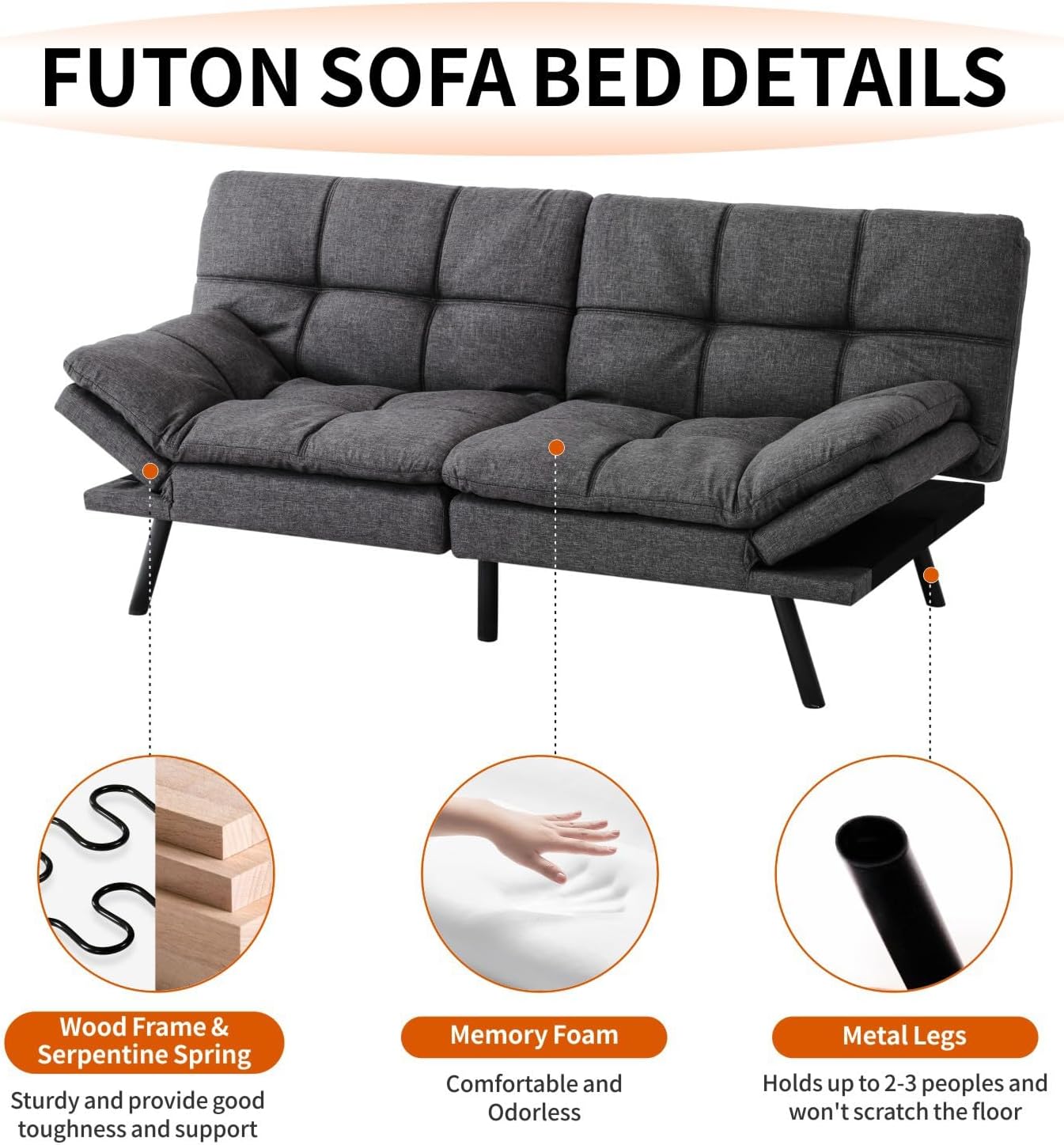 MUUEGM Convertible Futon Sofa Bed Memory Foam 71' Sofabed Modern Loveseat Sleeper Sofa with Adjustable Backrest & Armrest for Small Space Office Couch for Living Room,Apartment,Office
