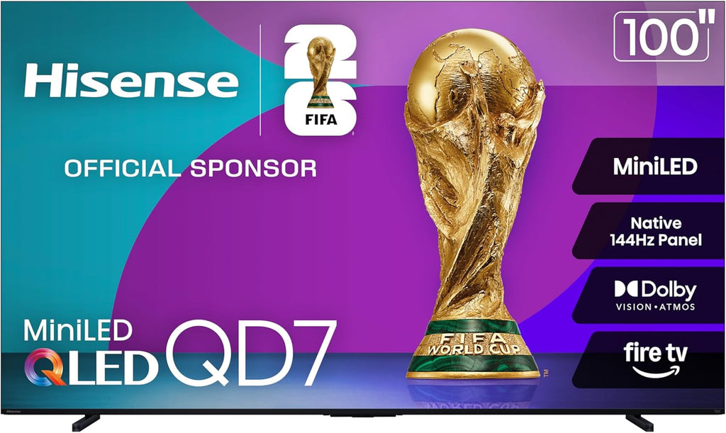 Hisense 100' Class QD7 Series Mini-LED 4K UHD Smart Fire TV (100QD7QF, 2025 Model) - QLED, 144hz, HDR10+, Dolby Vision, Dolby Atmos, Game Mode Pro, ALLM, Alexa Built in with Voice Remote, Black