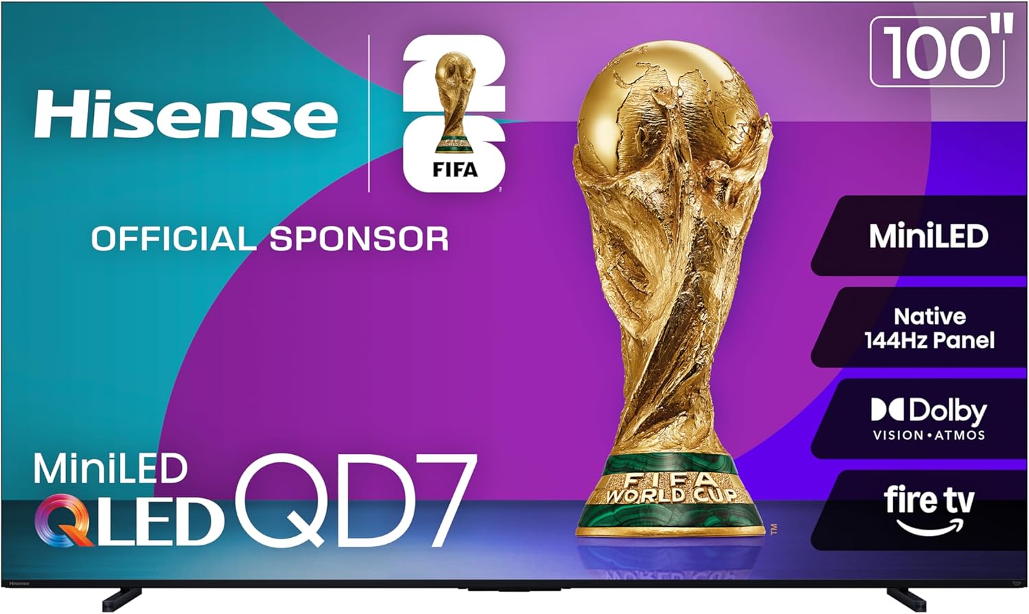 Hisense 100' Class QD7 Series Mini-LED 4K UHD Smart Fire TV (100QD7QF, 2025 Model) - QLED, 144hz, HDR10+, Dolby Vision, Dolby Atmos, Game Mode Pro, ALLM, Alexa Built in with Voice Remote, Black