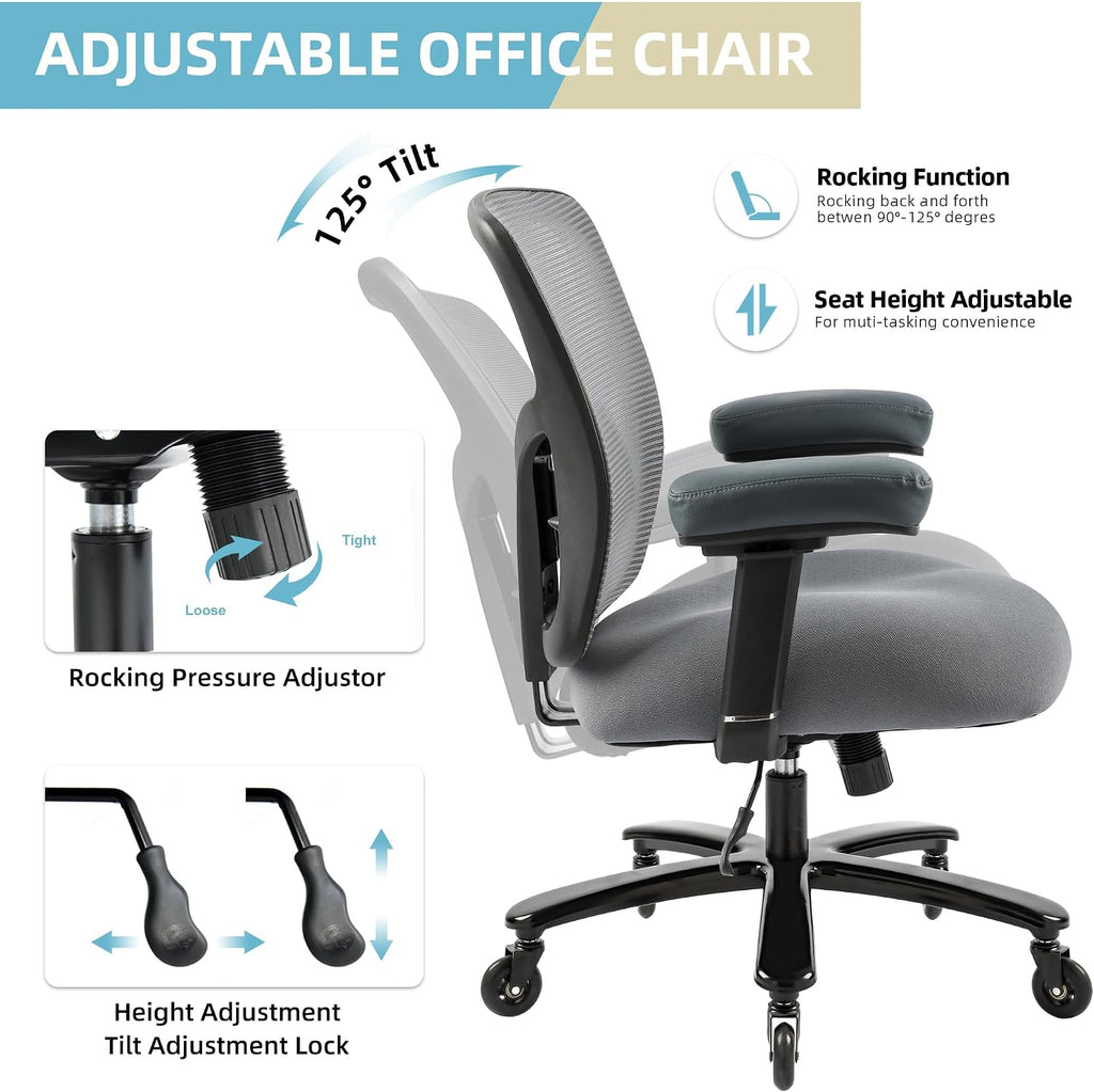 500LBS Big and Tall Office Chair with 4D Armrests & Adjustable Backrest, Heavy Duty Office Chair for Heavy People, Memory Foam Seat Filling Springs, Grey