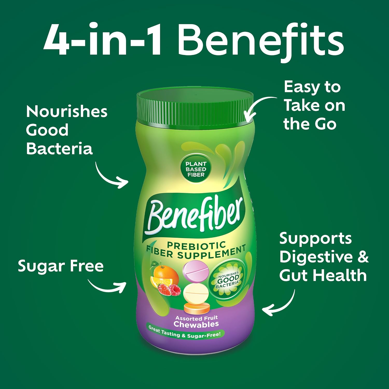 Benefiber Chewable Prebiotic GLP-1 Friendly Fiber Supplement Tablets for Digestive Health, Assorted Fruit Flavors - 100 Count (Pack of 12)