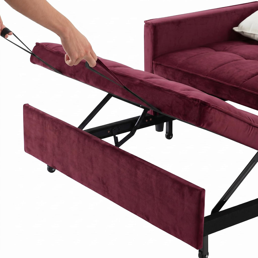 3 in 1 Convertible Sofa Bed, Loveseat Sleeper Sofa with Large Side Pockets, Pull Out Couch with Adjustable Backrest, Easy Assembly, Velvet Couch Bed for Small Spaces, Apartment, Fuchsia