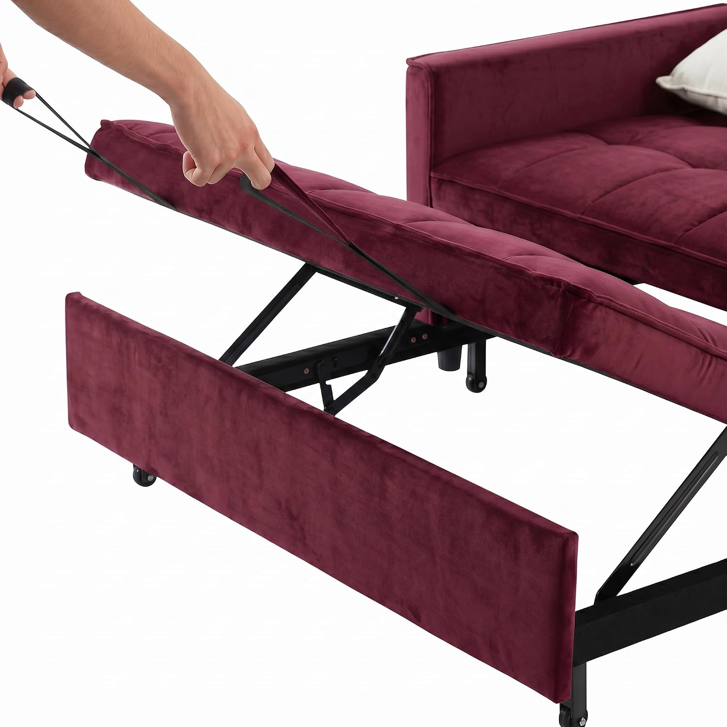 3 in 1 Convertible Sofa Bed, Loveseat Sleeper Sofa with Large Side Pockets, Pull Out Couch with Adjustable Backrest, Easy Assembly, Velvet Couch Bed for Small Spaces, Apartment, Fuchsia