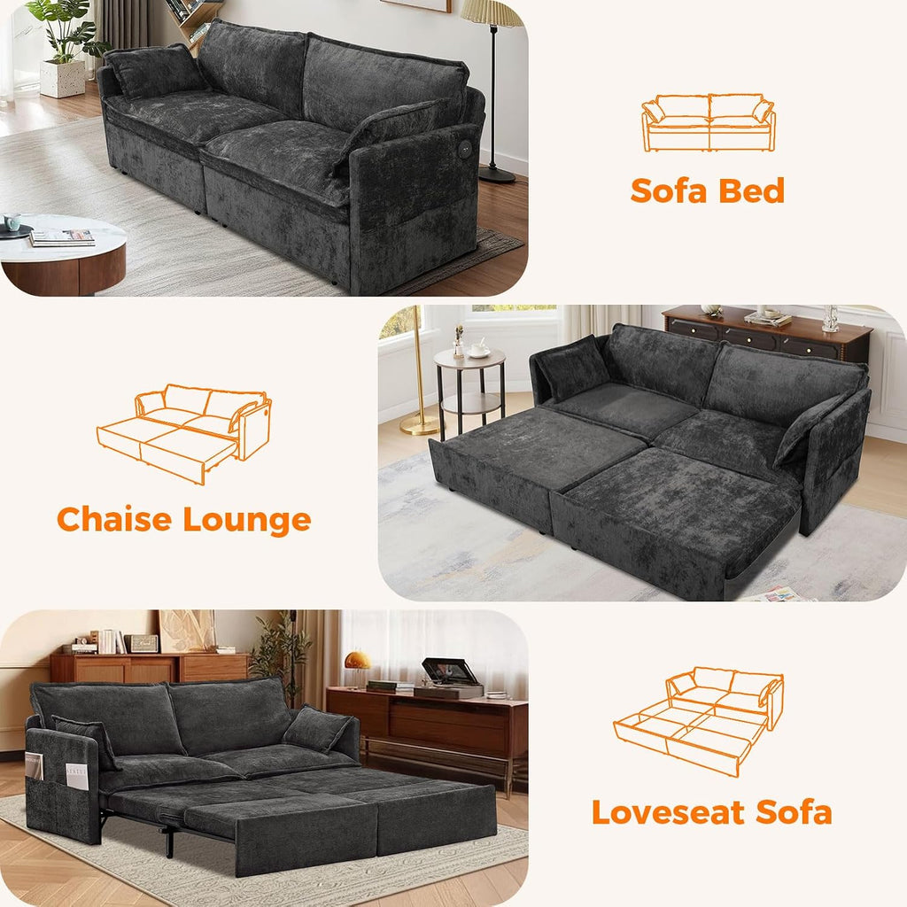 CAPCAEK 72' Futon Sofa Bed King Size, 3-in-1 Pull Out Couch Convertible Sleeper Sofa with USB Ports and Side Pocket, Modern Corduroy Loveseat Couch for Living Room,Small Space,Apartment,Bedroom,Black