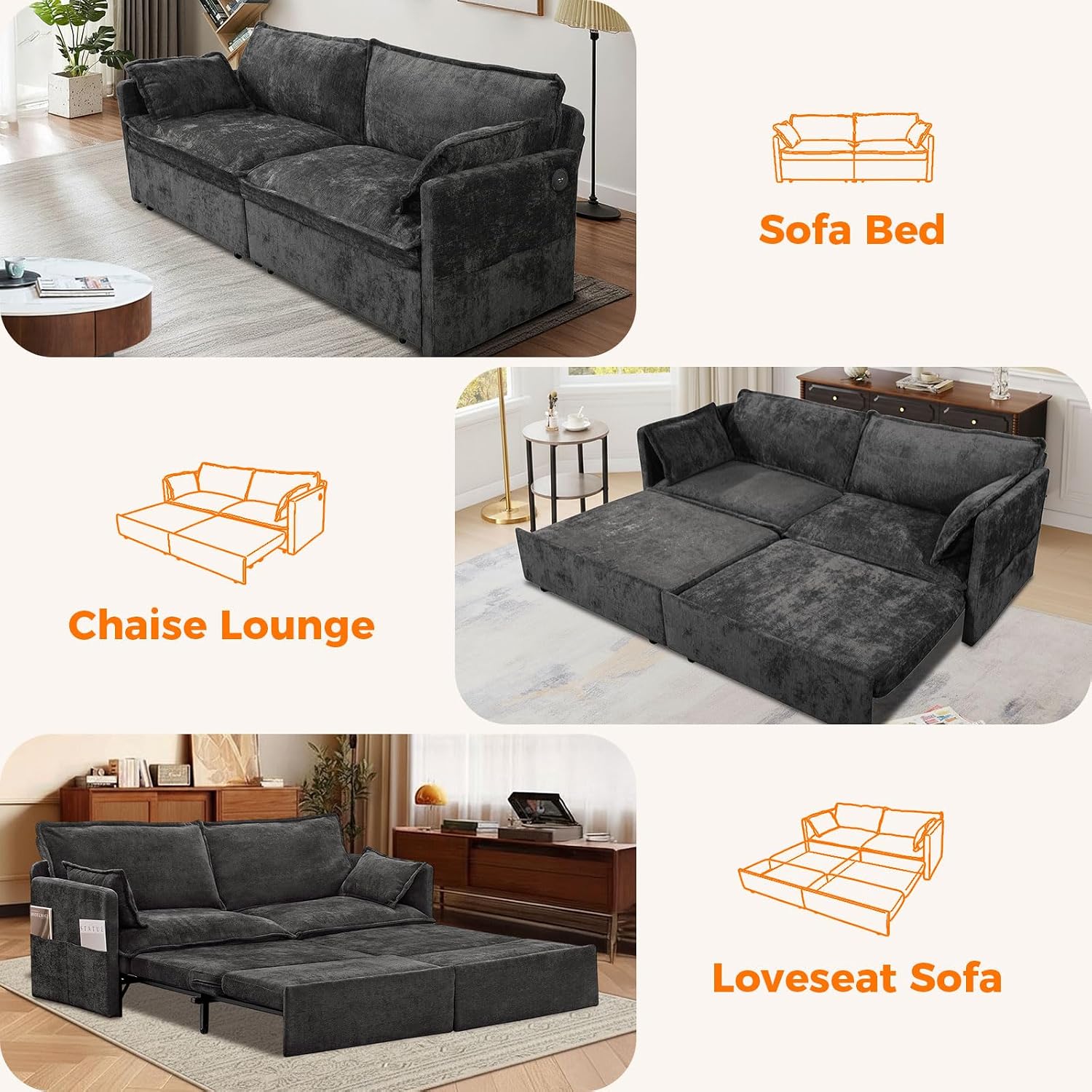 CAPCAEK 72' Futon Sofa Bed King Size, 3-in-1 Pull Out Couch Convertible Sleeper Sofa with USB Ports and Side Pocket, Modern Corduroy Loveseat Couch for Living Room,Small Space,Apartment,Bedroom,Black