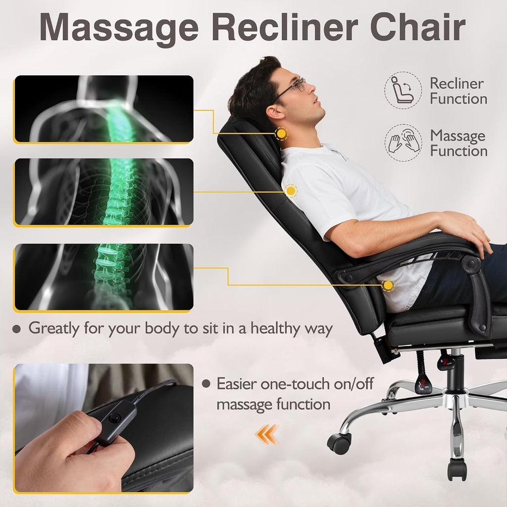 Shahoo Executive Office Chair with Massage, Ergonomic Reclining High Back Leather Seats with Footrest and Lumbar Support, Big and Tall, 400Lbs Heavy Duty, Dark Black
