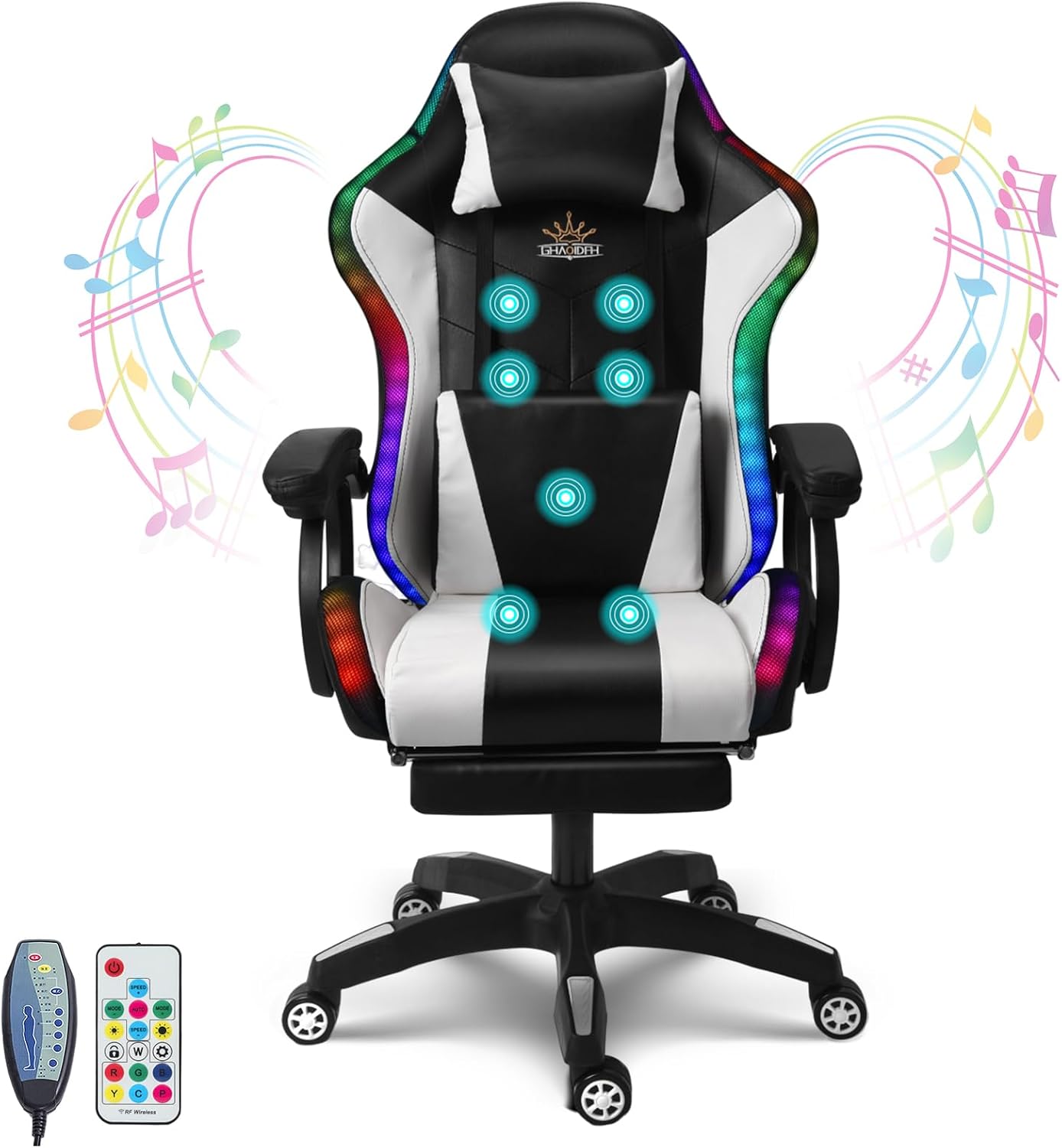 Ergonomic Gaming Chair Computer Chair with RGB LED Lights and Speakers, Office Chair PU Leather Massage Swivel Recliner Chair with Footrest Lumbar Support Headrest Armrest,White
