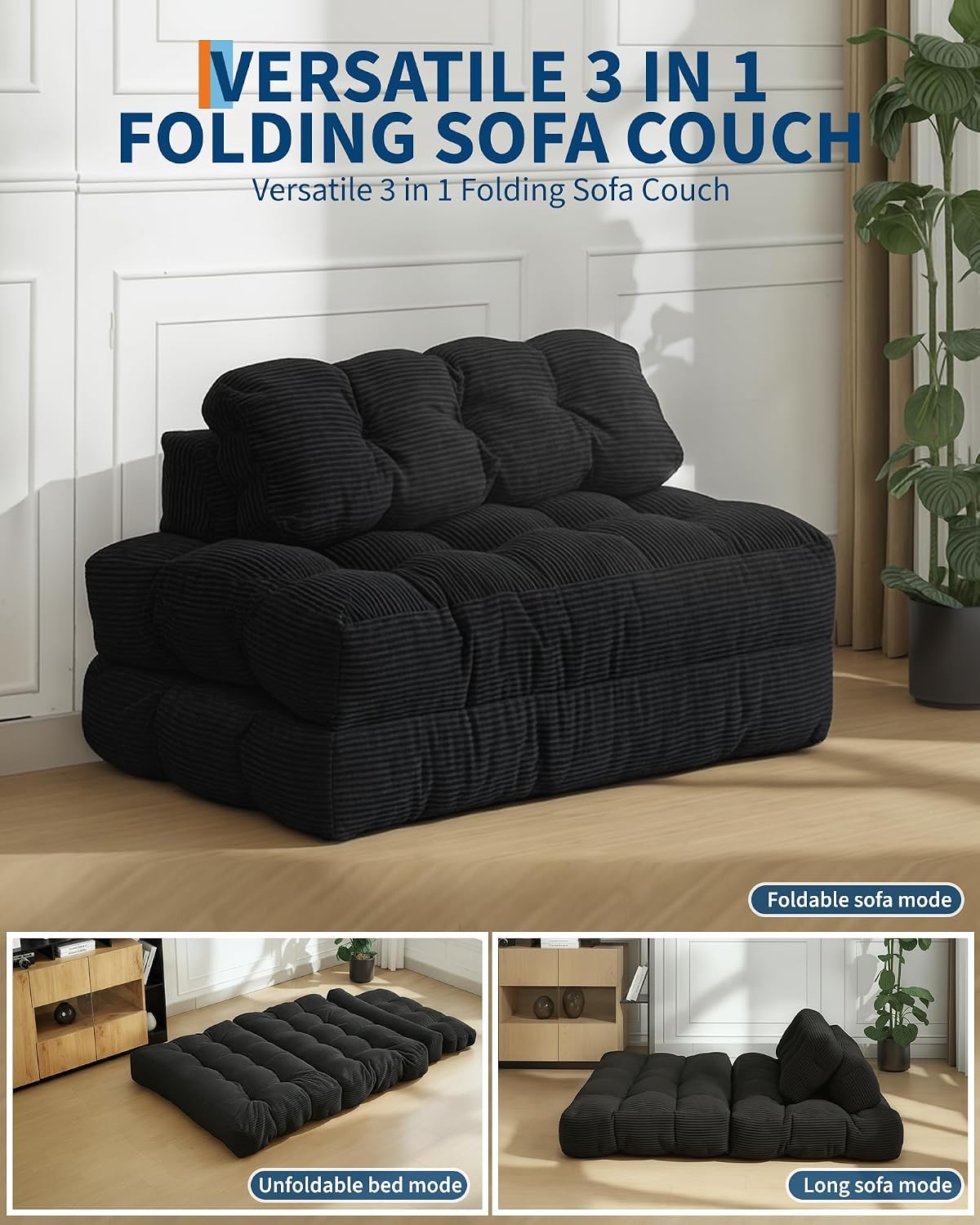 Folding Sofa Bed, 3-in-1 Convertible Sleeper Chair with Pillow, Double Futon Couch Bed with Back Support, Portable Fold Out Chair Bed Comfy Floor Sofa Lounge for Living Room Bedroom, Black