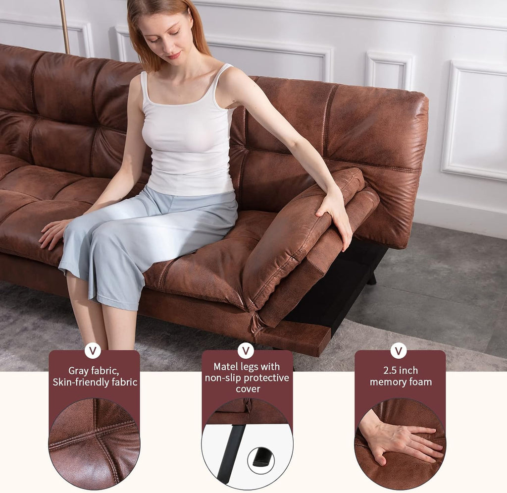 Opoiar Leather Futon Sofa Bed,Convertible Memory Foam Couch Bed,Futon Sets Daybed with Mattress Included,Folding Modern Sleeper Sofa Love seat for RV Car Living Room&Bedroom Small Space,Brown
