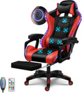 Big and Tall Gaming Chair with Footrest Ergonomic Massage Office Chairs LED Video Game Chair with Speakers Comfortable Headrest Lumbar Support High Back Desk Chair PU Leather for Adults,Red