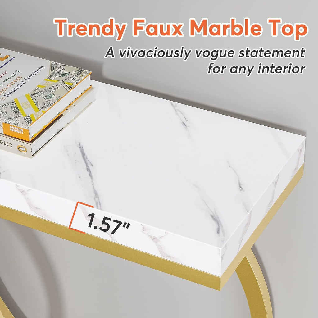 Tribesigns Gold Console Table, 55 inch Modern Entryway Table with Geometric Metal Frame, Faux Marble Narrow Long Sofa Table for Living Room, Entrance, Hallway, White and Gold