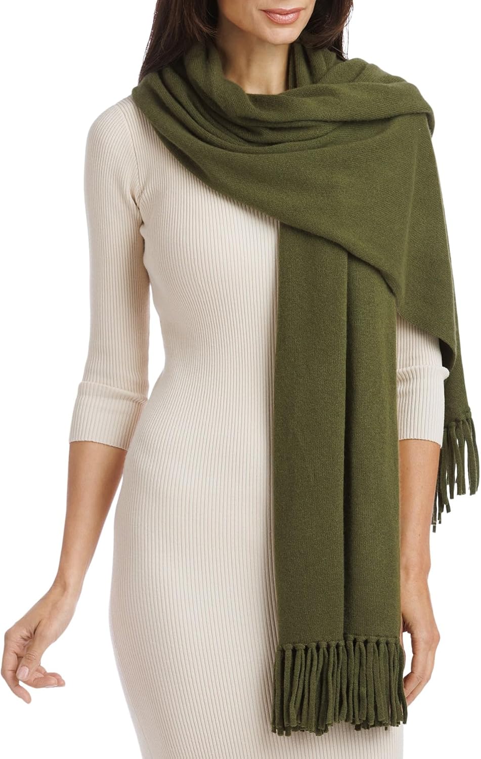 Fishers Finery Women's 100% Cashmere Knit Shawl Wrap with Fringe | Oversized 78' long by 28' wide