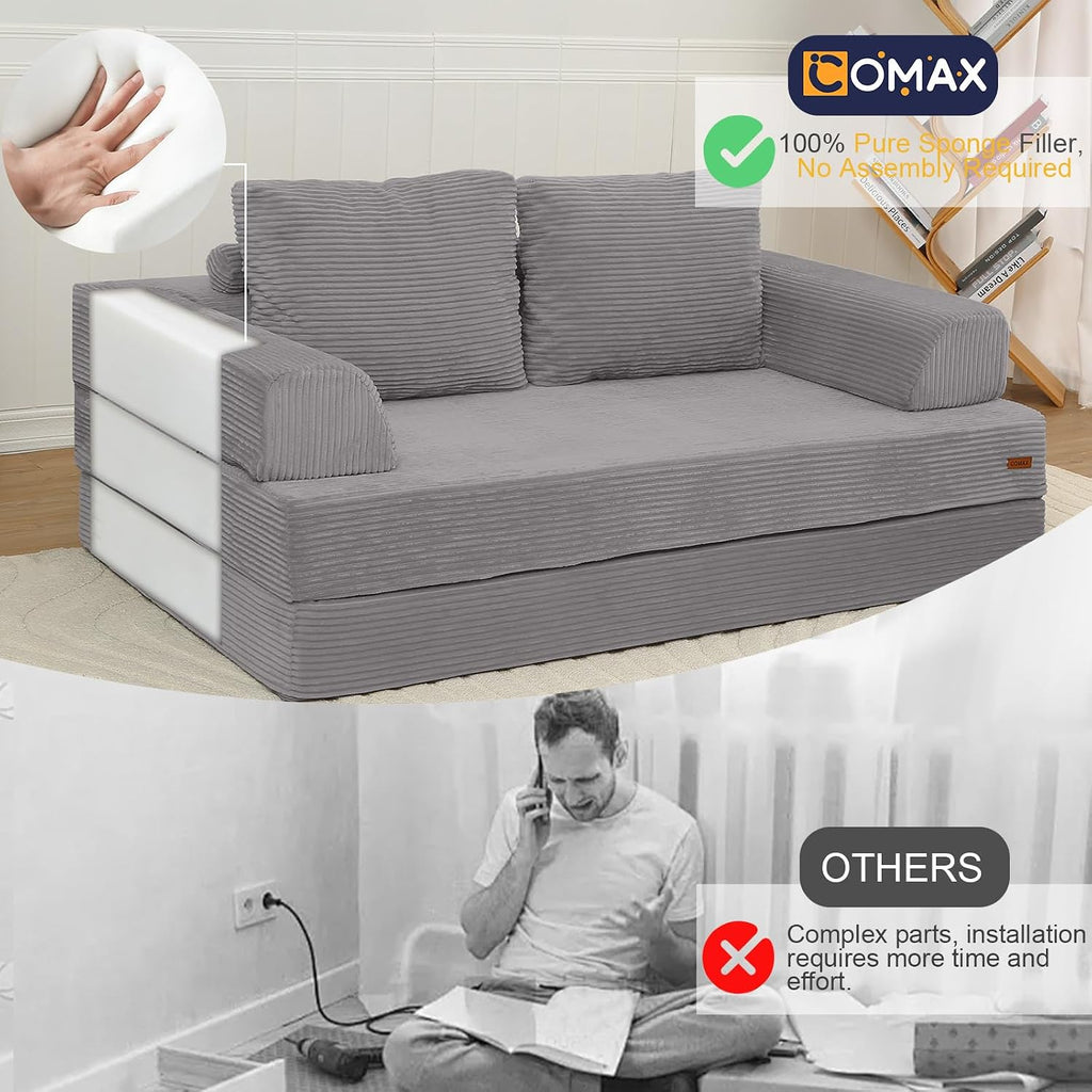 COMAX Convertible Sofa Bed, Folding Floor Couch Corduroy Fold Out Couch Bed Futon Sleeper Mattress with Pillows, Boneless Sofa Comfy Lounge Loveseat for Living Room Bedroom, Light Grey