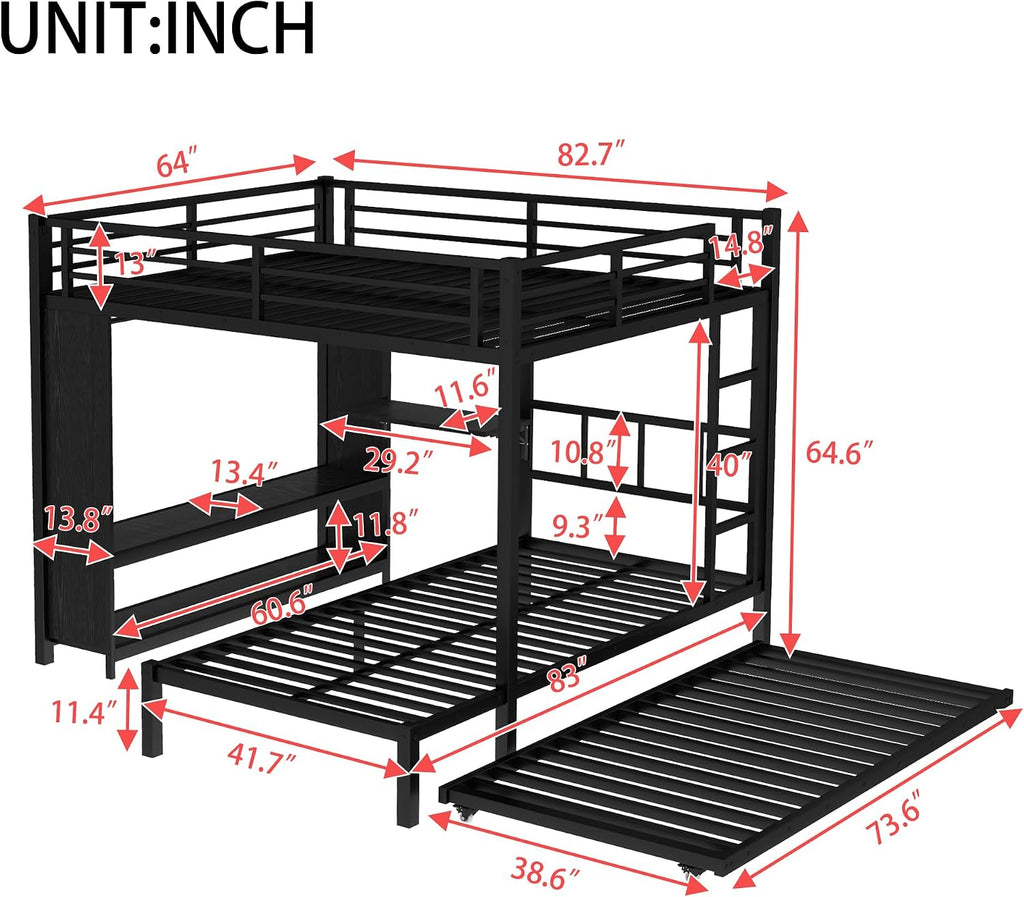Bellemave Queen Over Twin XL bunk Bed with Foldable Desk and Wardrobe and Twin Trundle, loft Bed with Desk and Desk, Metal Bunk Beds with Storage, Black