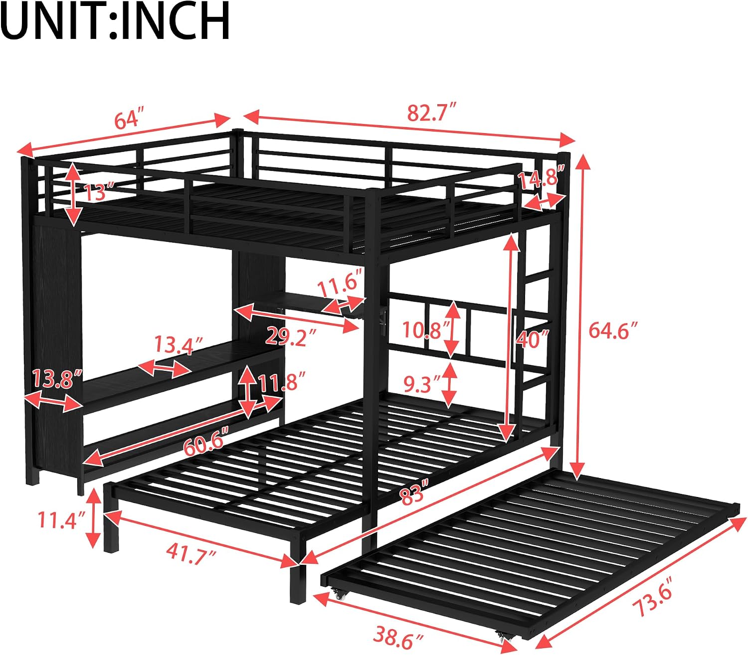 Bellemave Queen Over Twin XL bunk Bed with Foldable Desk and Wardrobe and Twin Trundle, loft Bed with Desk and Desk, Metal Bunk Beds with Storage, Black