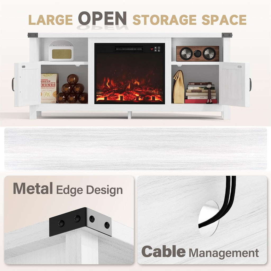 Furmax Fireplace TV Stand for 65 Inch TV, Fireplace Entertainment Center with Storage Cabinets and 2 Open Shelves, Modern Media TV Console Table for Living Room (White)