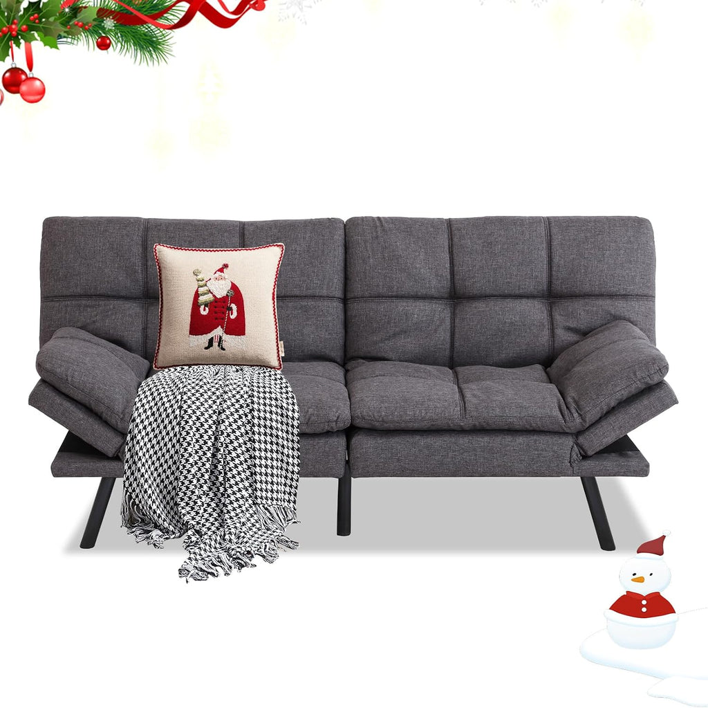 MUUEGM 71' Futon Sofa Bed, Convertible Couch Filled with Memory Foam, Modern Loveseat with Adjustable Backrest&Armrest, Sofas for Living Room,Game Room,Dormitory,Office.Grey Fabric