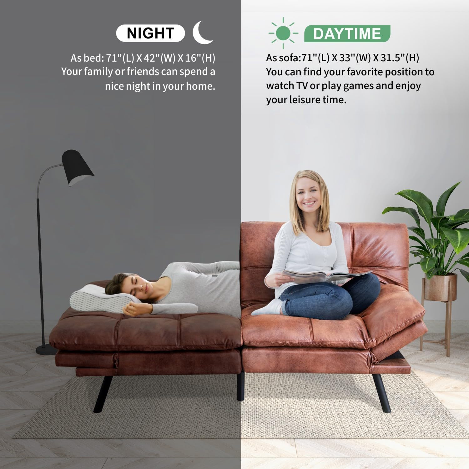 MUUEGM 71' Futon Sofa Bed, Convertible Couch Filled with Memory Foam, Modern Loveseat with Adjustable Backrest&Armrest, Sofas for Living Room,Game Room,Dormitory,Office.Brown Leather