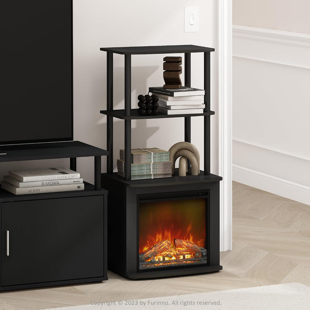 Furinno Turn-N-Tube Side Table, 3-Tier NO Heat Fireplace End Table with Open Shelf, Electric Fireplace Display Night Stand, Bedside Table, for Living Room, Bedroom, Americano/Black