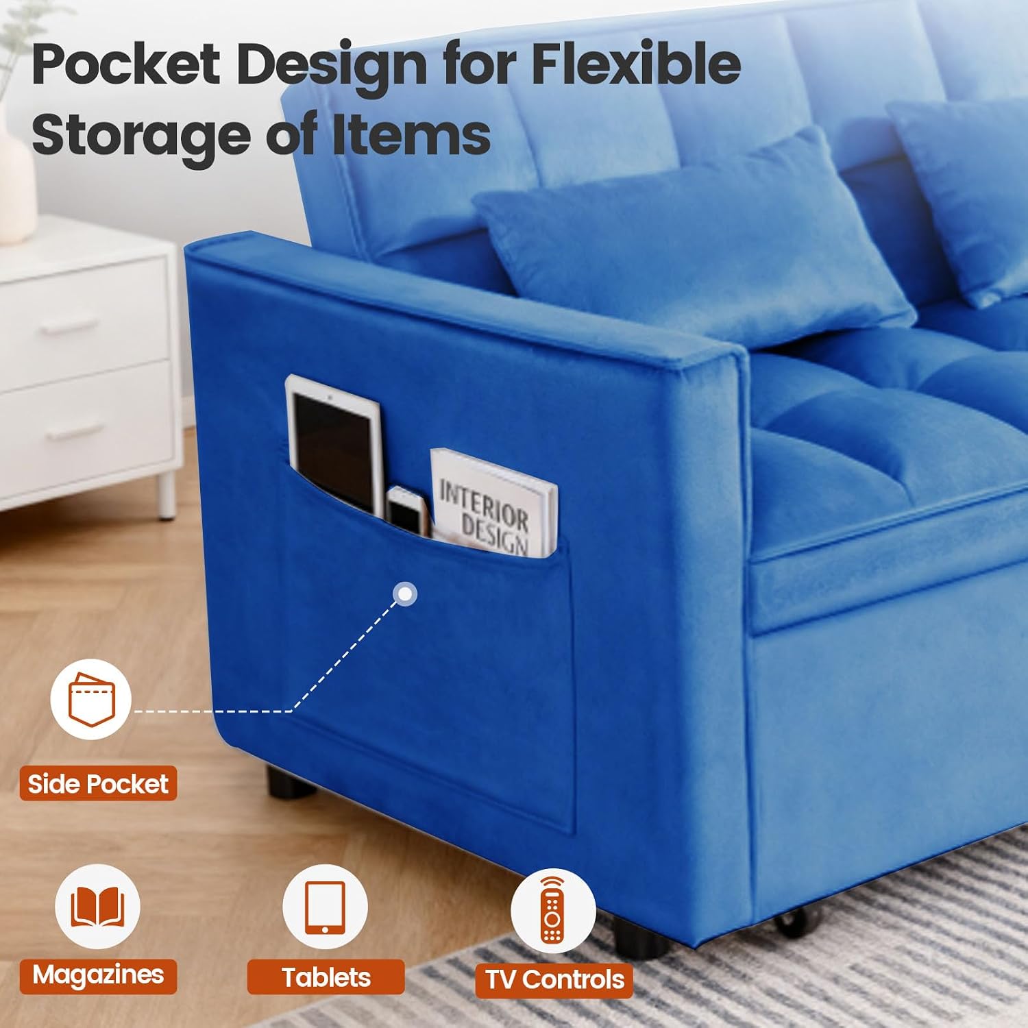 Convertible Sleeper Sofa Bed, Loveseat Sleeper Sofa with Large Side Pockets, Pull Out Sofa Bed with 3 Position Adjustable Backrest, 3 in 1 Velvet Couch Bed for Small Spaces, Apartment, Blue