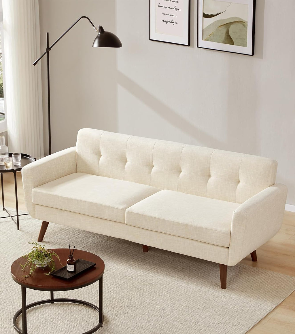 Tbfit 77.2' W Linen Sofa Couch, Mid Century Modern Decor Loveseat Couches for Living Room, Button Tufted Upholstered Small Couch for Bedroom, Solid, and Easy to Install Love Seats Furniture, Beige