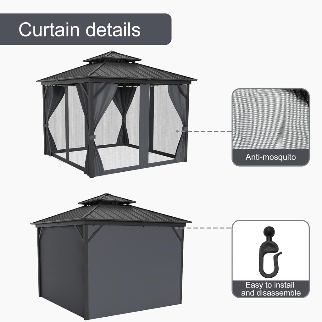 12x12ft Gazebo Hardtop with Nettings and Curtains, Galvanized Steel Double Roof with Vertical Stripes, Heavy Duty Metal Frame, Weather-Resistant Outdoor Shelter for Patio, Deck, Lawn