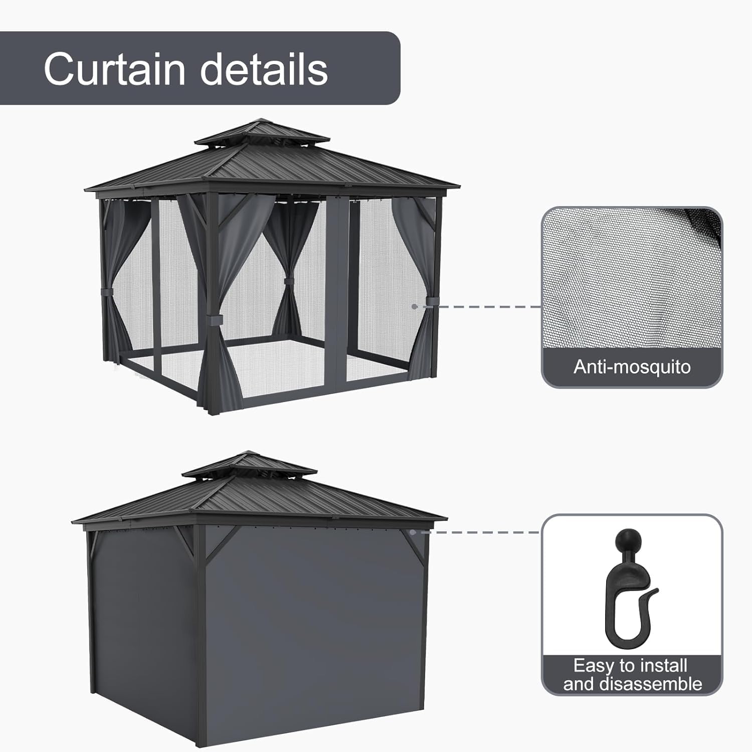 12x12ft Gazebo Hardtop with Nettings and Curtains, Galvanized Steel Double Roof with Vertical Stripes, Heavy Duty Metal Frame, Weather-Resistant Outdoor Shelter for Patio, Deck, Lawn