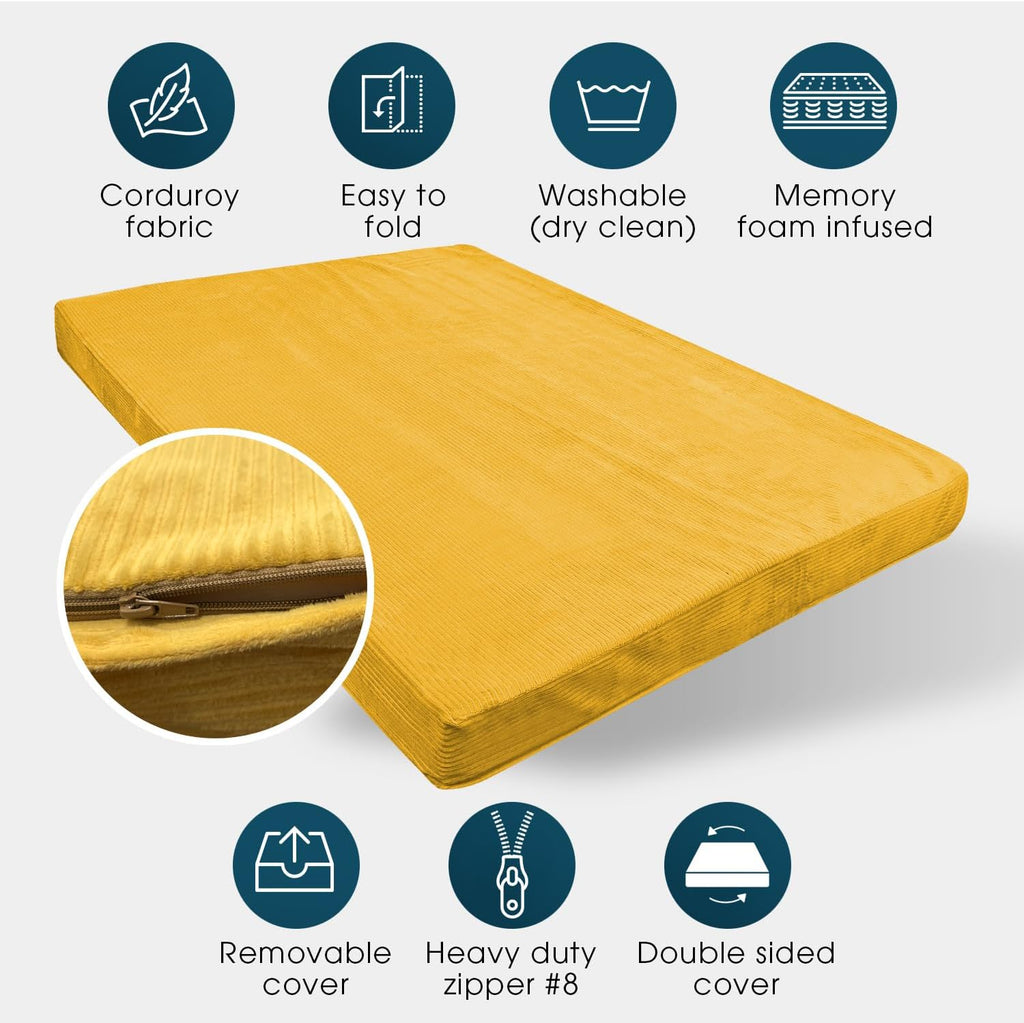 Foamma Memory Foam Futon Mattress, Double-Sided Foldout Couch Futon Mattress, 6' x 54' x 80' Full XL (Canary), Corduroy Fabric - Heavy Duty Sofa Bed, Thick Corded Cushion (Frame NOT Included)